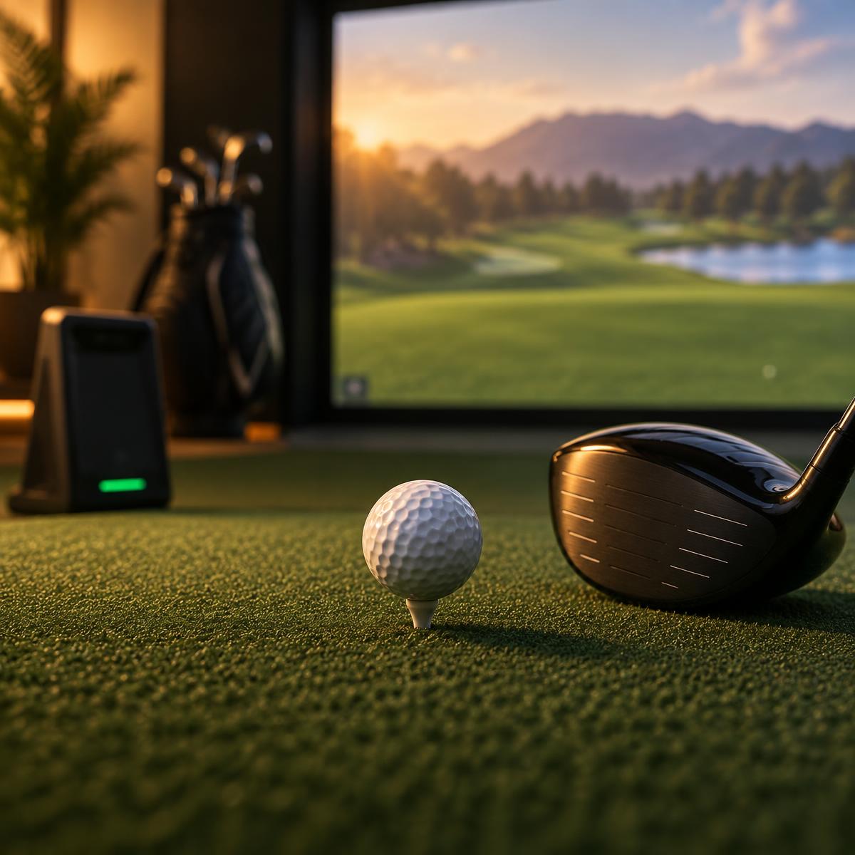 Golf ball and driver on a hitting mat in front of a simulator screen