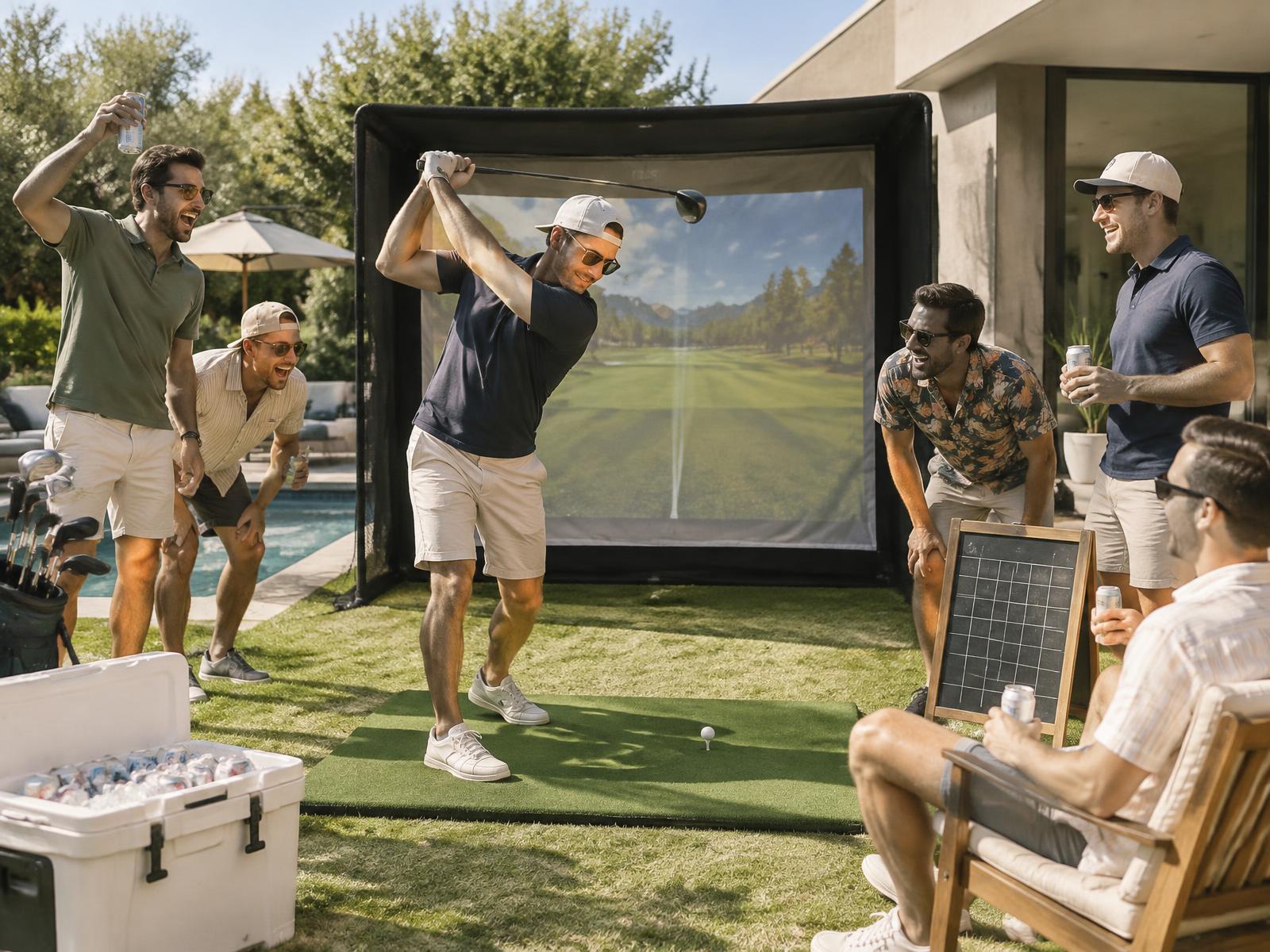 Bachelor party group laughing around a backyard golf simulator