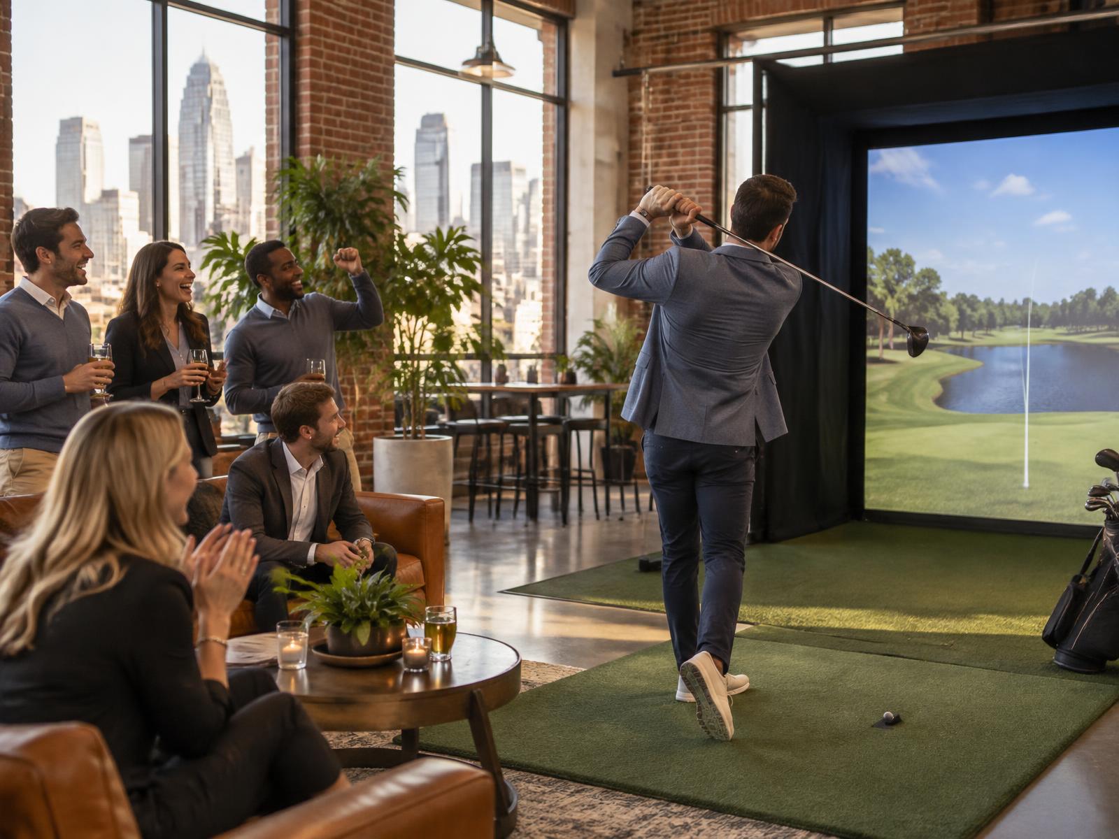 Coworkers watching a colleague hit on a mobile golf simulator at a Charlotte office event