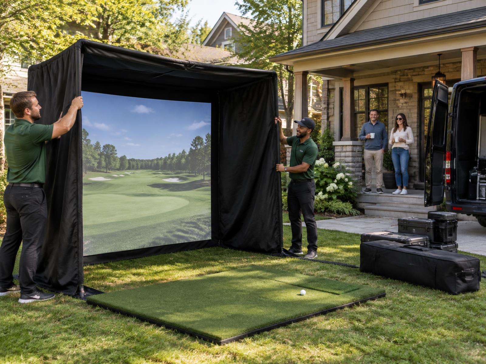 Par Pop-Up team setting up a mobile golf simulator in a Charlotte front yard